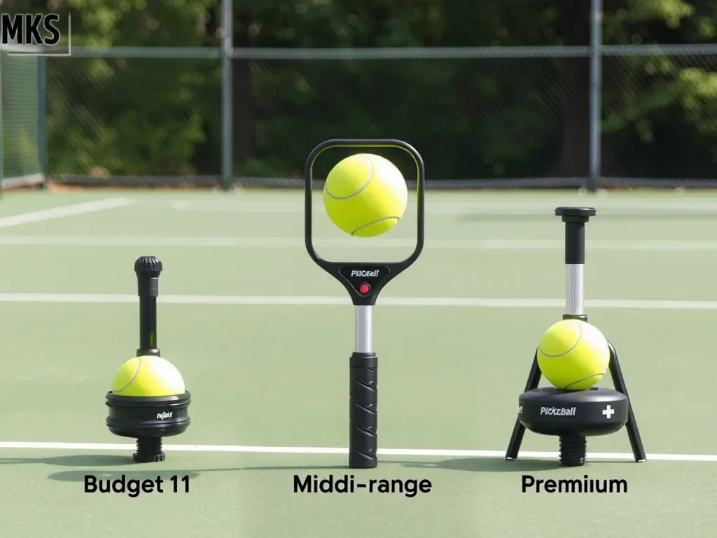 Ba máy bắn bóng Pickleball giá từ 2 đến 40 triệu đồng được sắp xếp trên sân để so sánh phân khúc giá trong bài review.