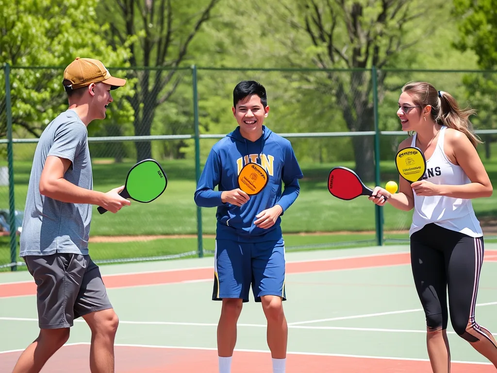 Ba sinh viên chơi pickleball với vợt giá rẻ dưới 500k tại sân ngoài trời, minh họa cho bài review vợt Pickleball giá rẻ cho sinh viên.