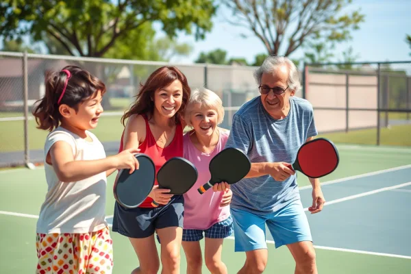 Ba thế hệ cùng chơi pickleball trên sân ngoài trời, tất cả đều tươi cười và tích cực tham gia, thể thao gia đình.