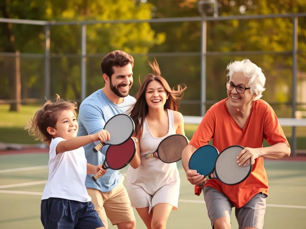 Ba thế hệ cùng chơi pickleball trên sân, thể hiện lợi ích gắn kết gia đình khi cả ba cùng tham gia môn thể thao này.