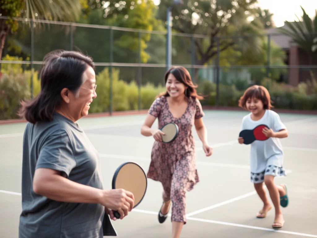 Ba thế hệ gia đình cùng chơi pickleball trên sân ngoài trời, ông bà, bố mẹ và trẻ em vui vẻ đánh cầu và di chuyển