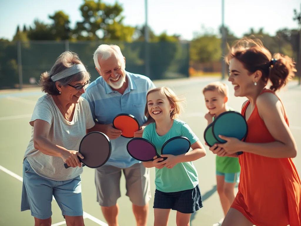 Ba thế hệ gia đình cùng chơi pickleball trên sân ngoài trời, ông bà, bố mẹ và con cái vui vẻ, thể hiện sự gắn kết và hoạt động thể chất lành mạnh.