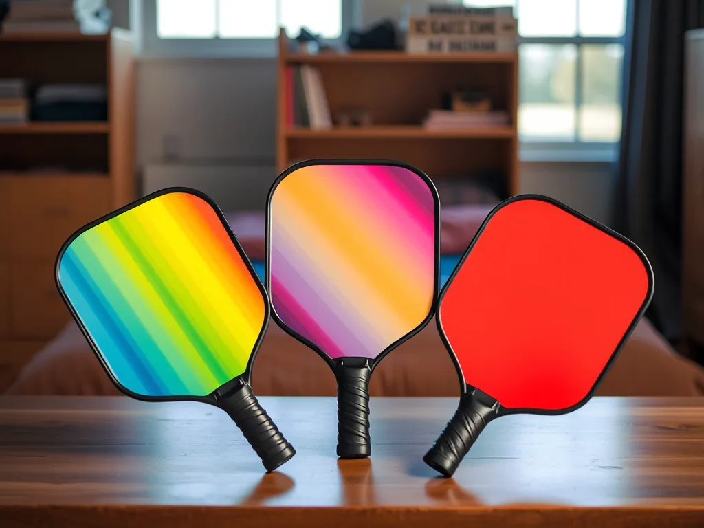 Ba vợt pickleball màu sắc được sắp xếp cạnh nhau trên bàn gỗ trong phòng ký túc xá, ánh sáng ban nhẹ nhàng, phong cách chụp sản phẩm cho bài review vợt Pickleball giá rẻ cho sinh viên.