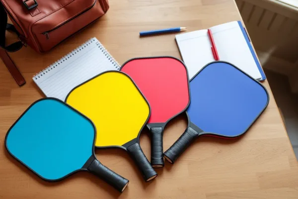 Ba vợt pickleball nhiều màu sắc được sắp xếp gọn gàng trên bàn gỗ cạnh sách vở và ba lô sinh viên, chụp sản phẩm giá rẻ dưới 500k.