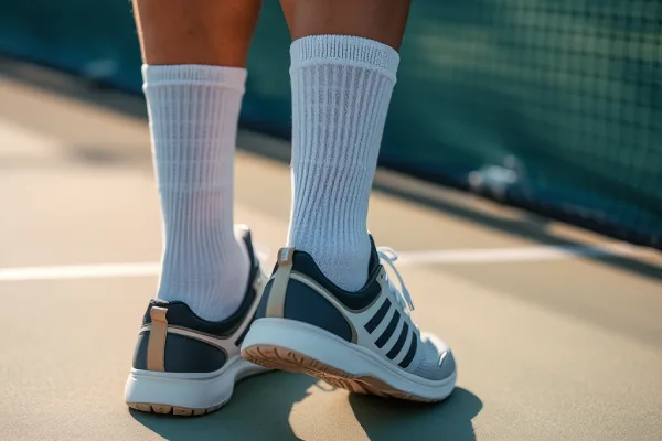 Bàn chân đi dép thể thao và tất chuyên dụng có độ nén khi chơi pickleball, tập trung vào chi tiết tất để tránh phồng chân khi chơi lâu.
