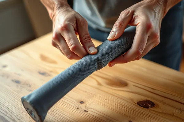 Bàn tay đang bọc cán vợt Pickleball chuyên nghiệp bằng băng overgrip có độ bám cao, giảm mồ hôi, trên bàn gỗ sạch sẽ