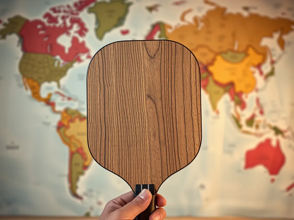 Bàn tay nghệ nhân cầm vợt pickleball Beesoul trên nền bản đồ thế giới, thể hiện khát vọng xuất khẩu sản phẩm "Made in Vietnam" ra quốc tế.