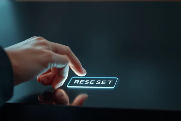 Bàn tay nhẹ nhàng chạm vào nút reset phát sáng trên bề mặt phẳng, hình ảnh biểu tượng cho bí kíp chuyển bại thành thắng chỉ trong một cú chạm nhẹ.