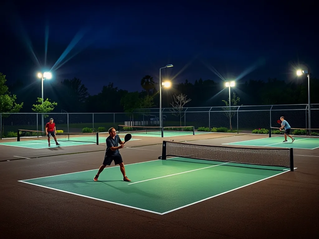 Bốn sân pickleball ngoài trời tại La Queenara Hội An được chiếu sáng bởi đèn LED hiện đại, đạt chuẩn quốc tế, hai vận động viên đang thi đấu.