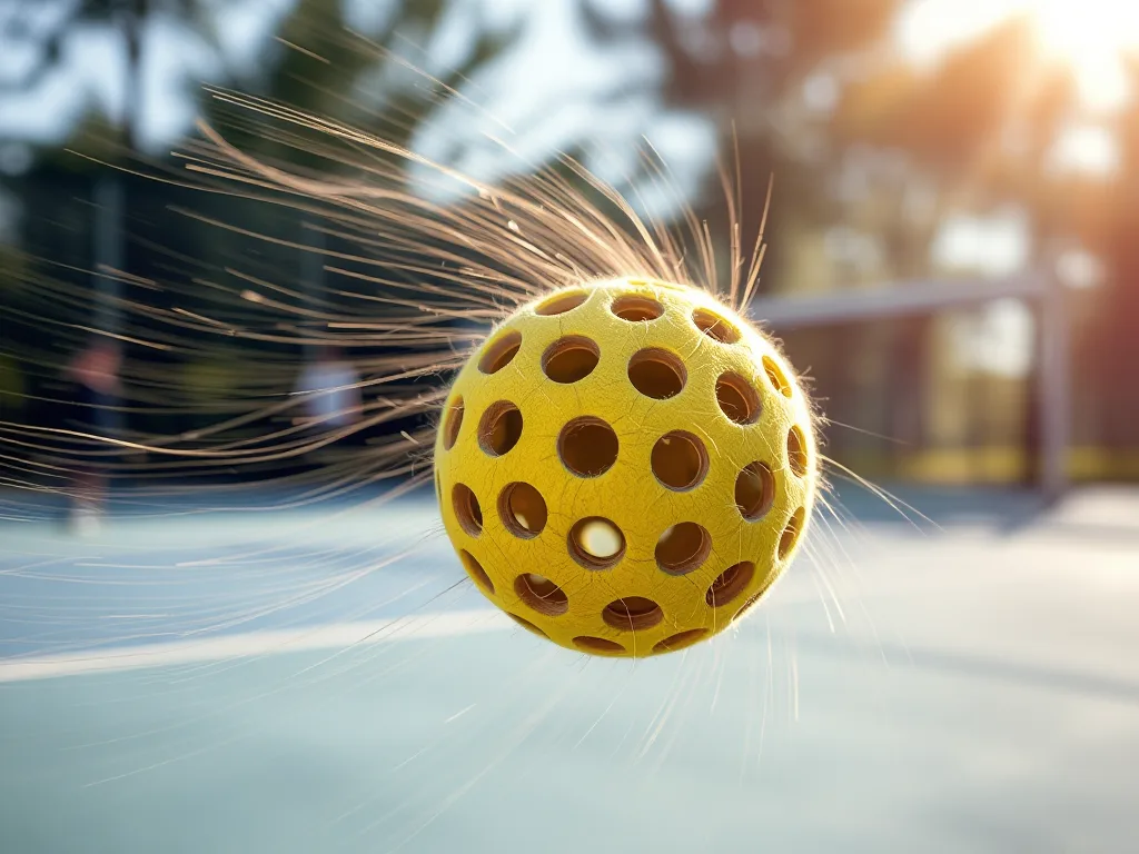 Bóng pickleball ngoài trời có 40 lỗ với dòng khí động học xoay quanh trên sân tennis nắng giòn, thể thao.