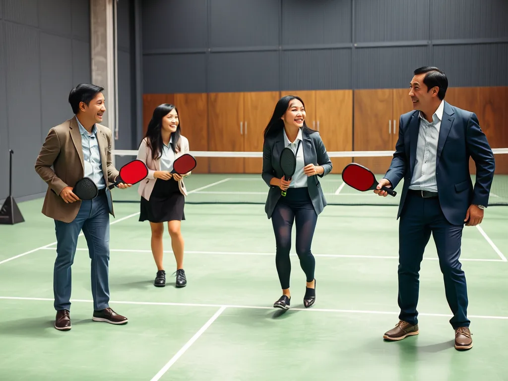 Các doanh nhân Việt Nam chơi pickleball tại sân thể thao trong nhà, giao lưu và kết nối kinh doanh trong không khí sôi động.