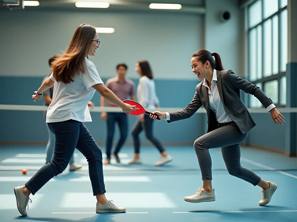 Các doanh nhân Việt Nam mặc trang phục công sở chơi pickleball trong sân thể thao trong nhà, giao lưu và tương tác thân thiện, không khí năng động.