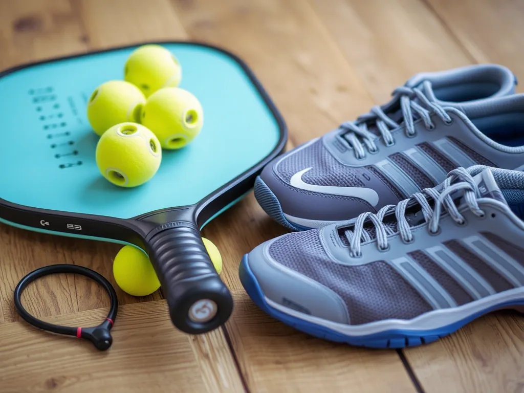 Các phụ kiện pickleball quan trọng như vợt, bóng, giày và phụ kiện nhỏ khác được sắp xếp gọn gàng trên bàn gỗ. Các phụ kiện pickleball quan trọng như vợt, bóng, giày và phụ kiện nhỏ khác được sắp xếp gọn gàng trên bàn gỗ.