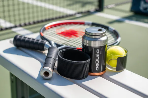Các phụ kiện tennis nhỏ nhưng có võ như quấn cán, giảm chấn, băng cổ tay và hộp bóng được sắp xếp gọn gàng trên ghế sân tennis