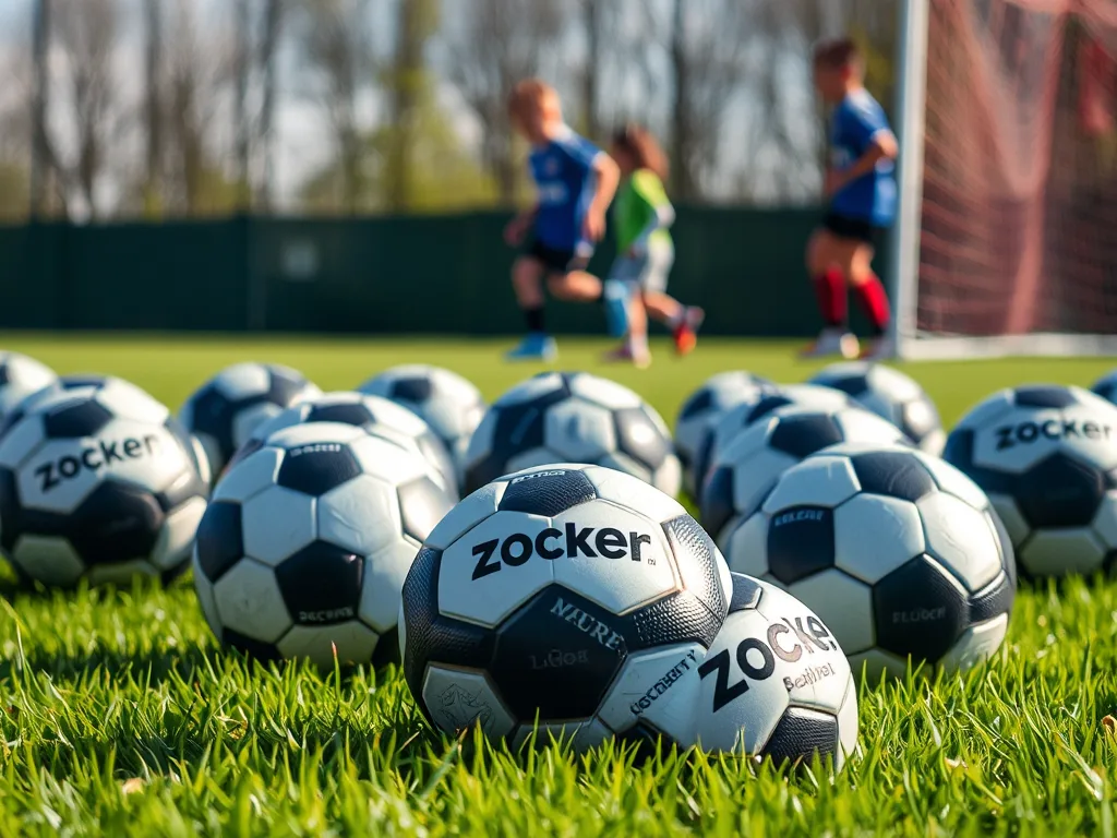Các quả bóng Zocker được trưng bày trên sân cỏ, phía sau là các vận động viên trẻ đang chơi bóng, phong cách chụp sản phẩm chuyên nghiệp. Các quả bóng Zocker được trưng bày trên sân cỏ, phía sau là các vận động viên trẻ đang chơi bóng, phong cách chụp sản phẩm chuyên nghiệp.