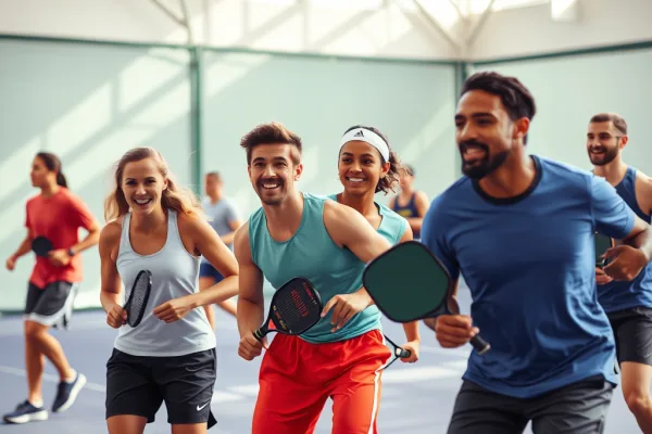 Các vận động viên chuyên nghiệp từ tennis, bóng rổ, bóng chuyền chuyển sang chơi pickleball trên sân trong trung tâm thể thao hiện đại, thể hiện sự hấp dẫn của môn này.