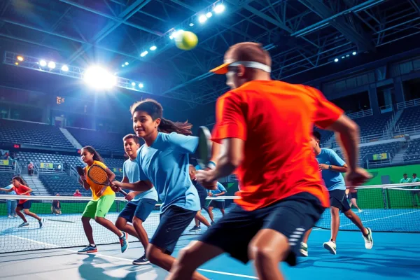 Các vận động viên pickleball đa dạng thi đấu sôi nổi trên sân trong sân vận động hiện đại, thể hiện sự phát triển của Liên đoàn Pickleball Việt Nam