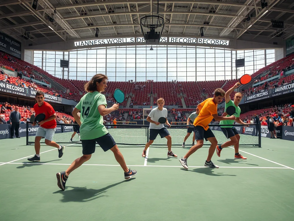 Các vận động viên pickleball đa dạng thi đấu trong sân vận động lớn tại Đà Nẵng, có cờ hiệu Guinness World Records, phản ánh sự kiện kỷ lục và dự báo về Pickleball Việt Nam 2026.