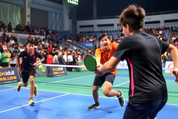 Các vận động viên pickleball tranh tài tại Giải đấu Pickleball D-Joy Tour 2026, thi đấu sôi nổi trên sân trong sân vận động hiện đại, thể thao phong trào Việt Nam.