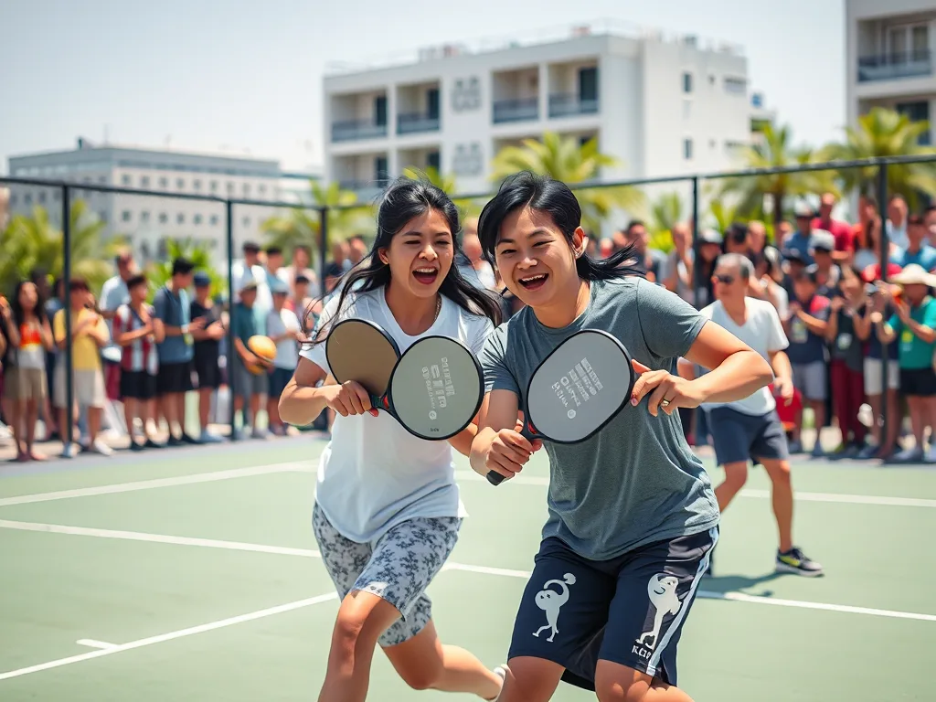 Các vận động viên pickleball Việt Nam thi đấu sôi động trên sân ngoài trời hiện đại, thể hiện tốc độ phát triển nhanh hơn các nước láng giềng.