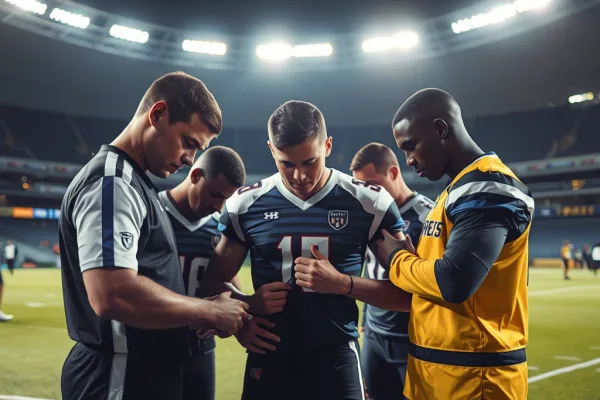 Các vận động viên và trọng tài kiểm tra chi tiết trang phục thi đấu dưới ánh đèn sân vận động, thể hiện quy định khắt khe.