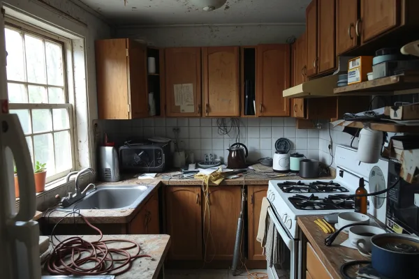 Căn bếp bừa bộn với dụng cụ nấu ăn để lộn xộn, dây điện nguy hiểm gần bếp, không gian chật hẹp và thông gió kém, minh họa các lỗi phạm quy Luật Vùng Kitchen