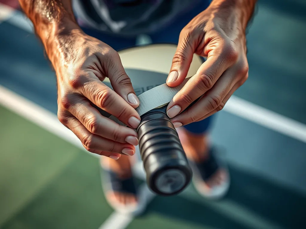 Cận cảnh bàn tay bọc cán vợt pickleball với băng grip chuyên nghiệp, nhằm tăng độ bám và giảm mồ hôi.