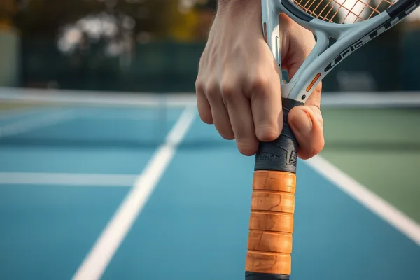 Cận cảnh bàn tay nắm tay cầm vợt tennis với kích cỡ phù hợp, ánh sáng tự nhiên, sân tennis phía sau, giúp ngăn ngừa phồng rộp tay.
