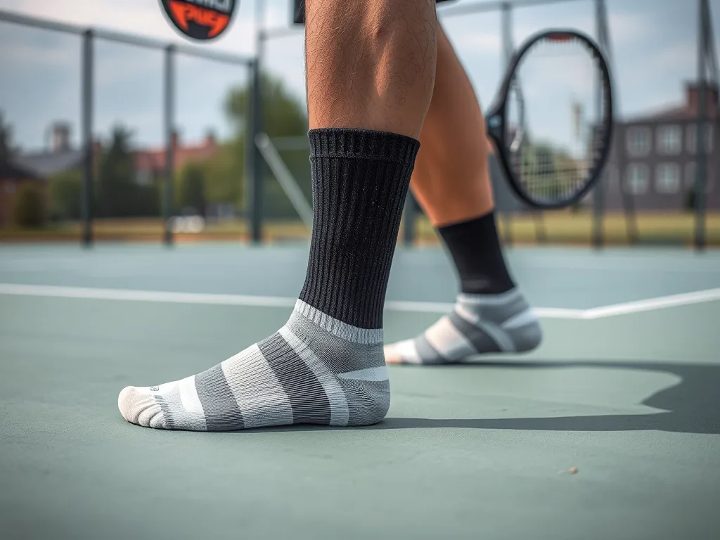Cận cảnh đôi chân đeo tất chuyên dụng khi chơi Pickleball, tất ôm chân và cao cổ, sân chơi ngoài trời.