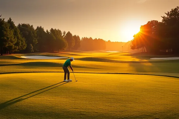 Cảnh sân golf đẹp vào cuối tuần với hai người chơi trên cỏ xanh mướt, có cờ và bẫy cát, ánh nắng vàng ấm áp.