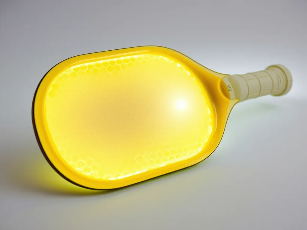 Cắt ngang cây vợt pickleball hiển thị lõi giấy tổ ong Nomex, cấu trúc tổ ong rõ ràng bên trong thân vợt, phong cách chụp cận cảnh.