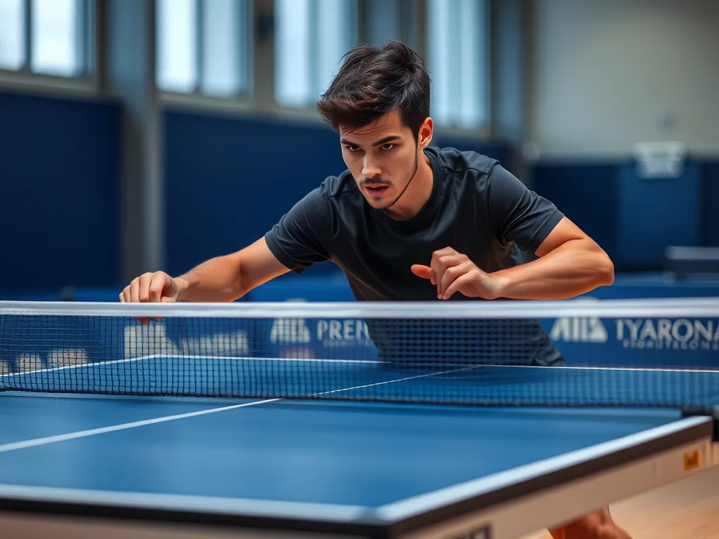 Cầu thủ bóng bàn thực hiện kỹ thuật ATP với cú dink thấp hoặc pha xoáy mạnh quanh lưới, trong sân tập, phong cách nhiếp ảnh thể thao Cầu thủ bóng bàn thực hiện kỹ thuật ATP với cú dink thấp hoặc pha xoáy mạnh quanh lưới, trong sân tập, phong cách nhiếp ảnh thể thao