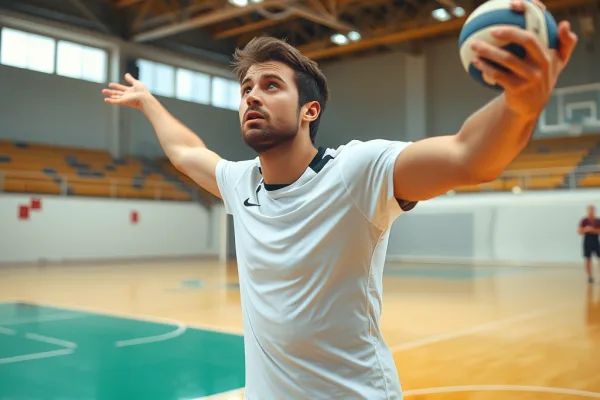 Cầu thủ bóng chuyền thực hiện giao bóng với tư thế sai, biểu cảm ngơ ngác, minh họa một trong 5 lỗi giao bóng ngớ ngẩn phổ biến ở người mới chơi.