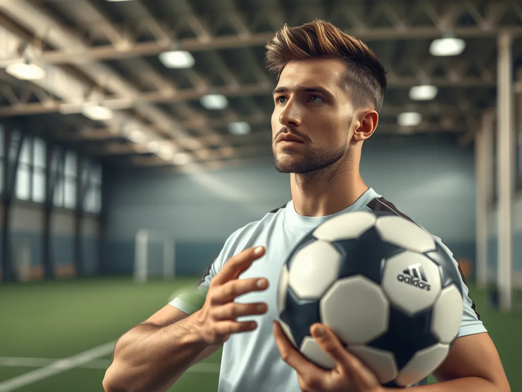 Cầu thủ bóng đá đang cầm và quan sát bóng Zocker trong phòng tập hiện đại, thể hiện quá trình đánh giá chi tiết về sản phẩm. Cầu thủ bóng đá đang cầm và quan sát bóng Zocker trong phòng tập hiện đại, thể hiện quá trình đánh giá chi tiết về sản phẩm.