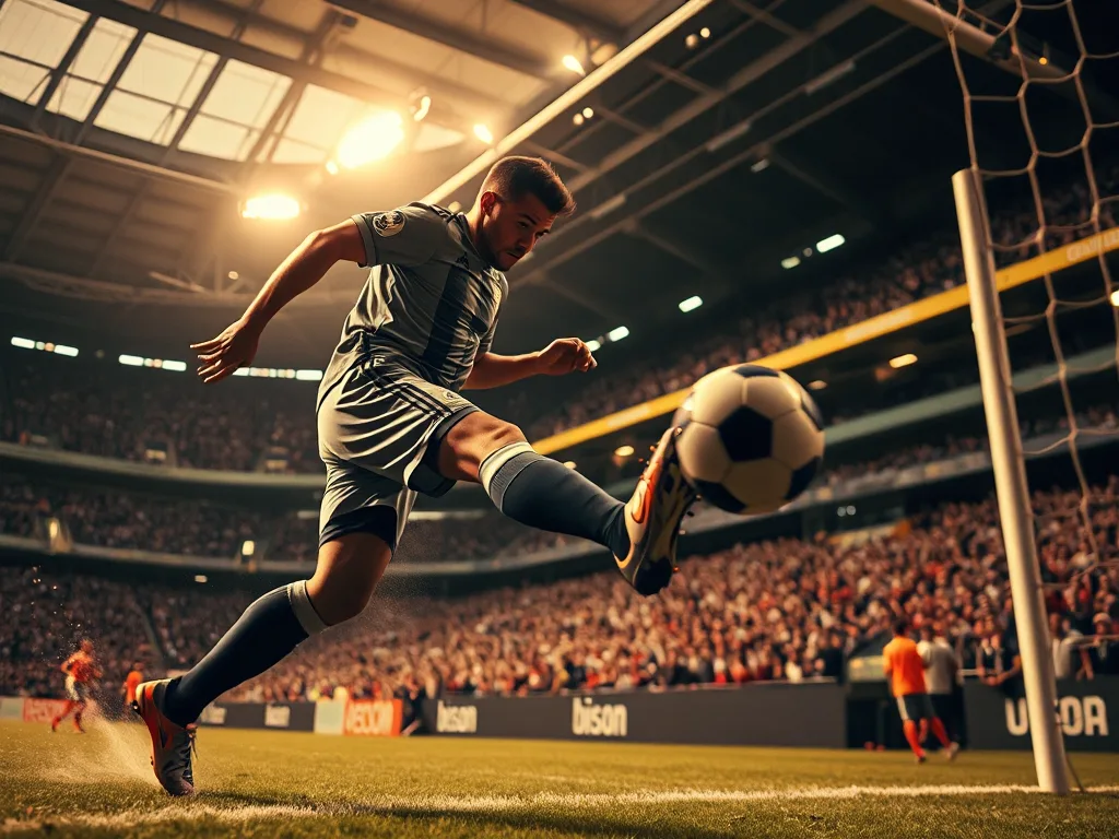 Cầu thủ bóng đá thực hiện cú đánh ATP, bóng bay vòng qua cột lưới trong sân vận động đông khán giả, góc máy thấp, ánh sáng vàng buổi chiều. Kỹ thuật ATP. Cầu thủ bóng đá thực hiện cú đánh ATP, bóng bay vòng qua cột lưới trong sân vận động đông khán giả, góc máy thấp, ánh sáng vàng buổi chiều. Kỹ thuật ATP.