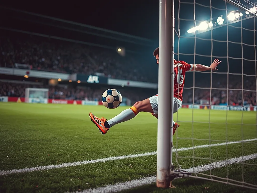 Cầu thủ bóng đá thực hiện kỹ thuật ATP, bóng bay cong xoay quanh cột dọc khung thành dưới đèn sân vận động, góc quay động lực học. Cầu thủ bóng đá thực hiện kỹ thuật ATP, bóng bay cong xoay quanh cột dọc khung thành dưới đèn sân vận động, góc quay động lực học.