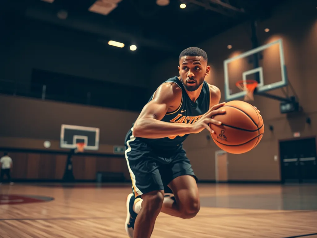 Cầu thủ bóng rổ thực hiện cú "Fake dink to drive" giả mánh khiến đối thủ bị lừa, chuyển động mạnh mẽ trên sân trong nhà.