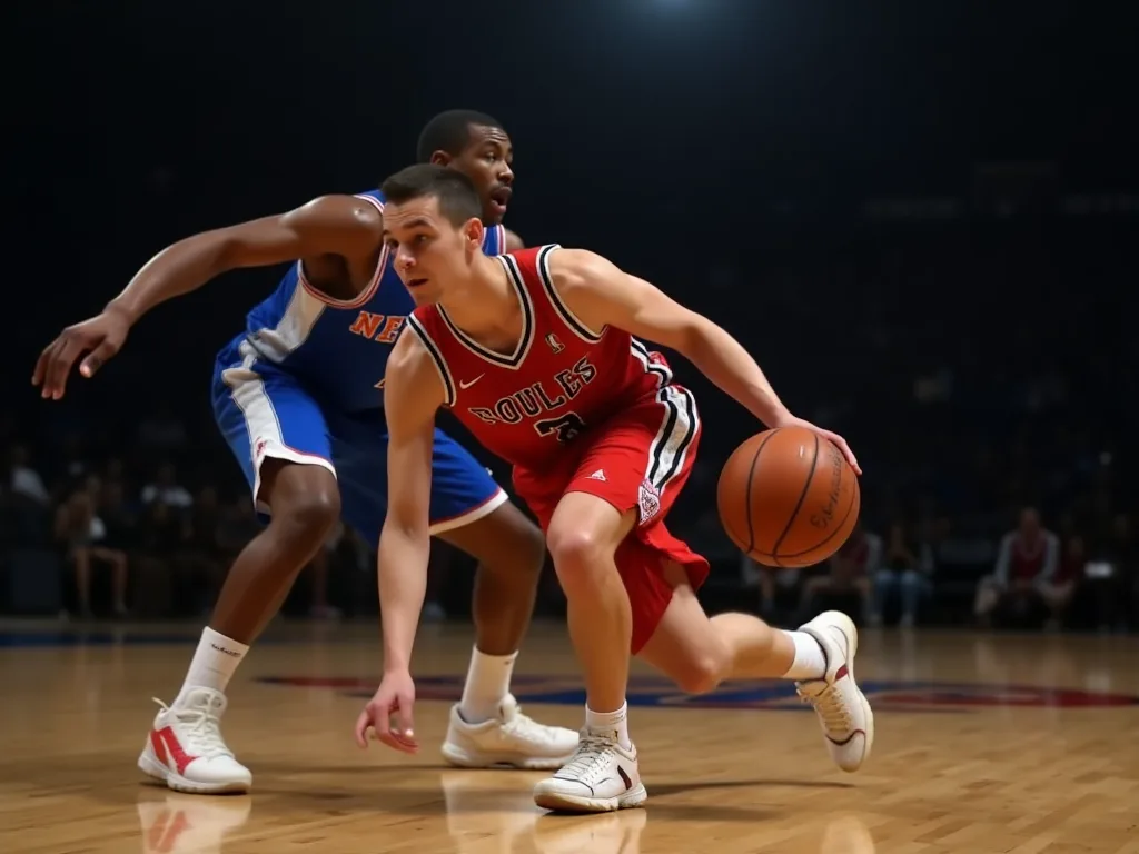 Cầu thủ bóng rổ thực hiện cú giả dẫn bóng (fake dink) khiến đối thủ phòng thủ mất thăng bằng, trên sân trong nhà với ánh đèn sân tập trung.