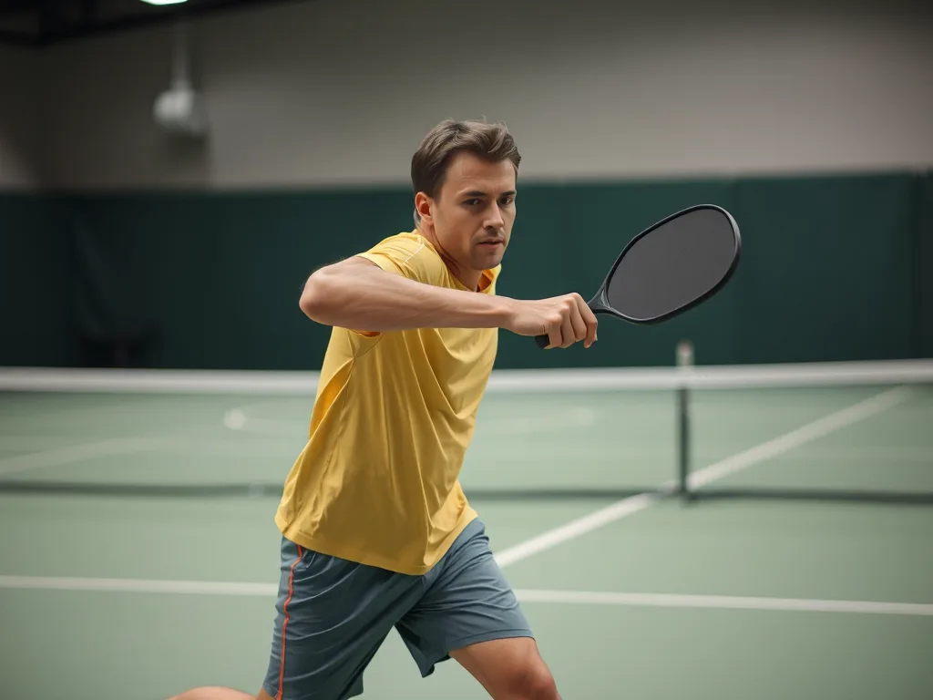 Cầu thủ pickleball dang người đón bóng với tư thế nguy hiểm trên sân trong nhà, minh họa nguyên nhân phổ biến gây chấn thương pickleball. Cầu thủ pickleball dang người đón bóng với tư thế nguy hiểm trên sân trong nhà, minh họa nguyên nhân phổ biến gây chấn thương pickleball.