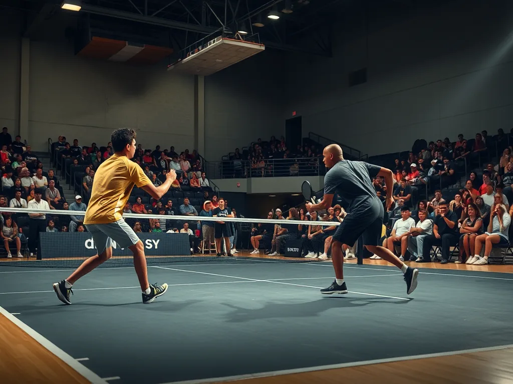 Cầu thủ pickleball thi đấu quyết liệt trên sân chuẩn tại giải đấu Pickleball D-Joy Tour 2026, khán giả cổ vũ từ khán đài.