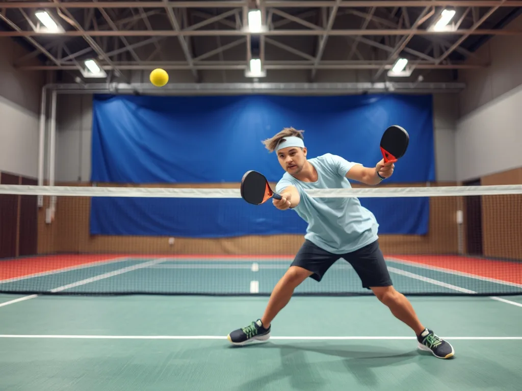 Cầu thủ pickleball thực hiện cú vô lê quyết định tại vùng NVZ trong trận đấu đôi, sân trong nhà, minh họa kỹ thuật "Shake and Bake". Cầu thủ pickleball thực hiện cú vô lê quyết định tại vùng NVZ trong trận đấu đôi, sân trong nhà, minh họa kỹ thuật "Shake and Bake".