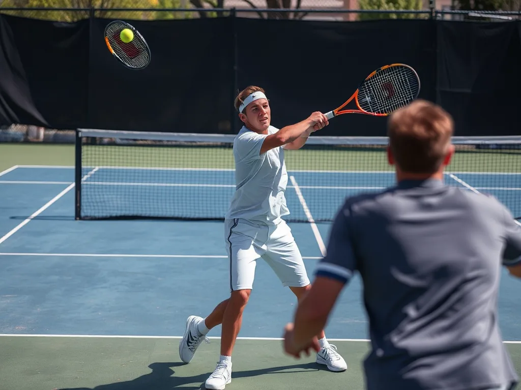 Cầu thủ tennis thực hiện cú lốp bóng cao khi đối thủ đứng sát lưới trên sân đấu ngoài trời, phong cách thể thao chuyên nghiệp. Cầu thủ tennis thực hiện cú lốp bóng cao khi đối thủ đứng sát lưới trên sân đấu ngoài trời, phong cách thể thao chuyên nghiệp.