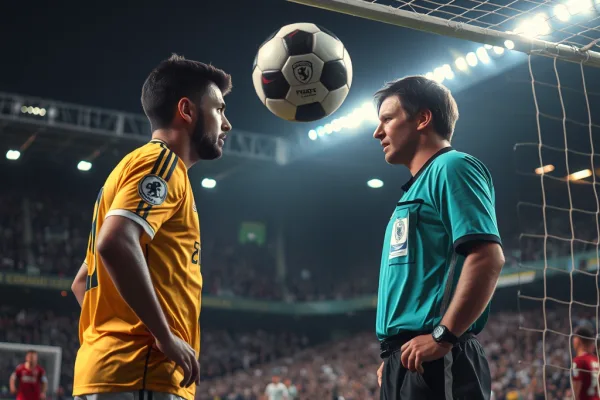 Cầu thủ và trọng tài tranh cãi trước khung thành khi bóng chạm lưới trong trận đấu bóng đá căng thẳng, góc máy quay gần, ánh đèn sân vận động rực sáng