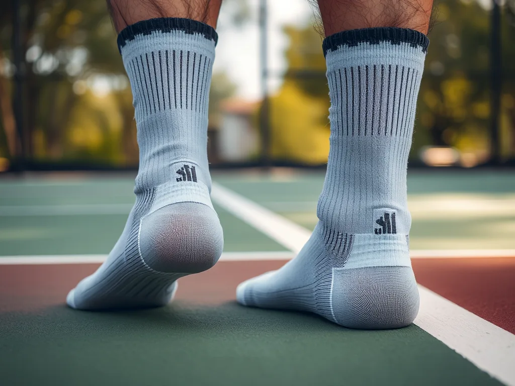 Chân đang đi tất pickleball chuyên dụng, có lớp đệm mềm ở gót, đứng trên sân pickleball, tập trung vào chất liệu và thiết kế tất.