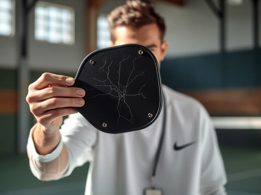 Chuyên gia pickleball kiểm tra kỹ mặt vợt trên sân pickleball trong nhà để phát hiện vợt cũ hỏng trước khi mua.