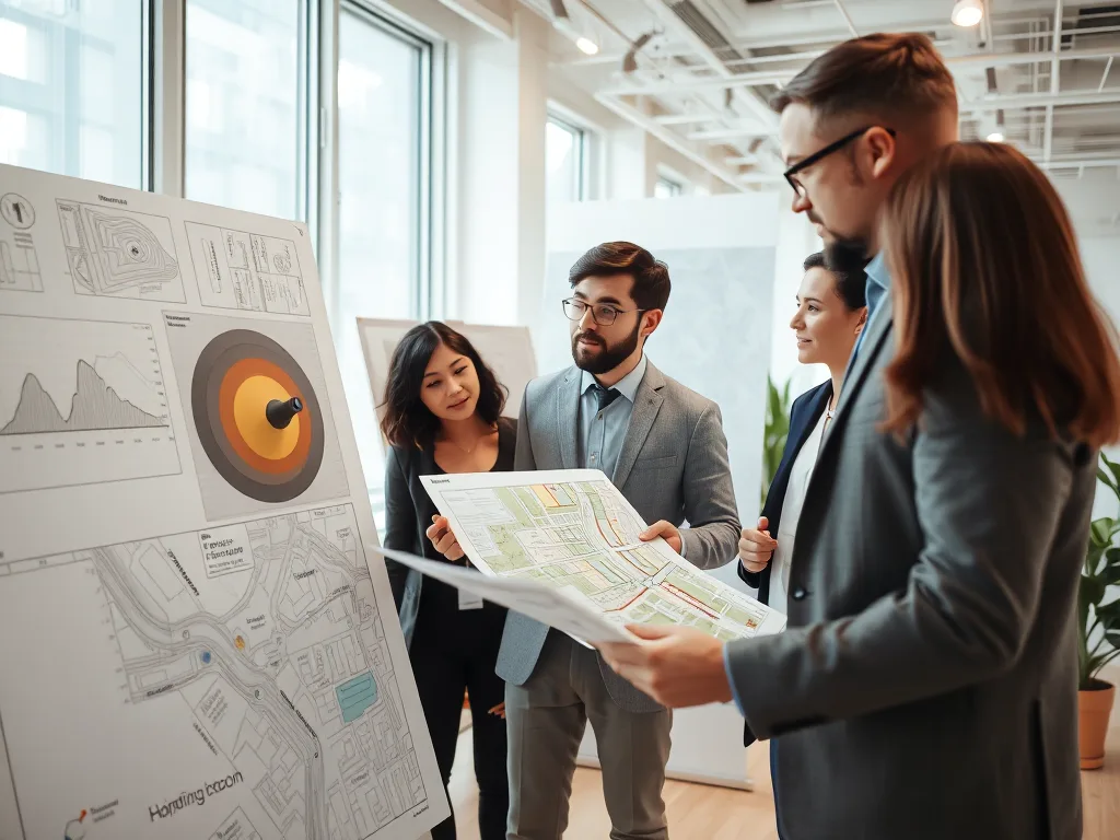 Chuyên gia thảo luận giải pháp giảm tiếng ồn pickleball với bản đồ quy hoạch và thiết bị cách âm trong phòng họp hiện đại