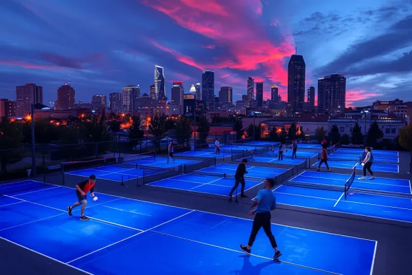 Cụm sân Pickleball sang xịn mịn ngoài trời tại Sài Gòn với nhiều sân, ánh đèn neon xanh và skyline thành phố phía sau.