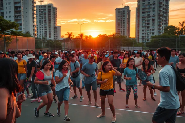 Đám đông người chơi pickleball trẻ tại Việt Nam chơi trên nhiều sân đô thị đông người vào lúc hoàng hôn, thể thao đô thị sôi động