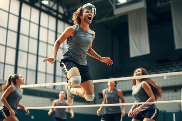 Đội bóng chuyền thi đấu, cầu thủ hô 'Mine' khi nhảy đánh, đồng đội phối hợp nhịp nhàng tiếp cận bóng trong sân trong nhà