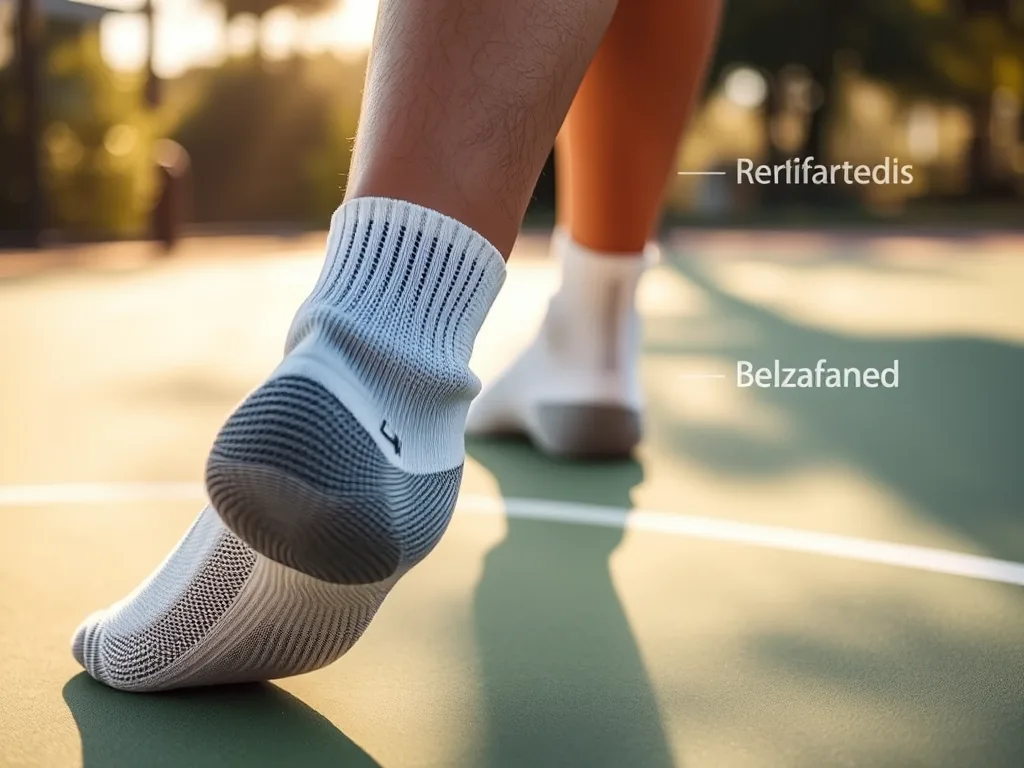 Đôi chân đeo tất pickleball chuyên dụng có đệm lót và chất liệu thông khí, di chuyển trên sân chơi, minh họa cho cách chọn tất để tránh phồng chân.